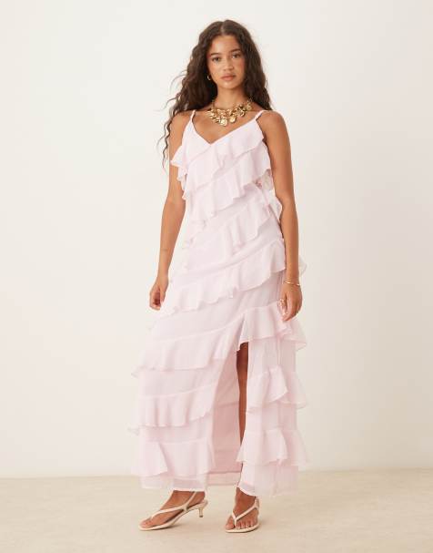 VILA – Camisole-Maxikleid in Hellrosa mit hohem Schlitz und Rüschen - view 1