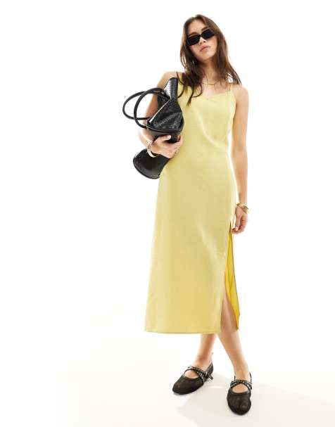 Vila – Camisole-Midikleid aus Leinen in Pastell-Limettengrün mit Schlitz vorne - view 1
