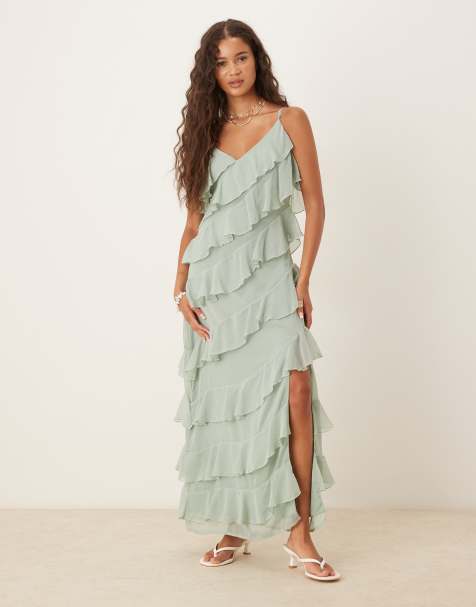 VILA – Camisole-Midikleid in Salbeigrün mit hohem Schlitz und Rüschen - view 1