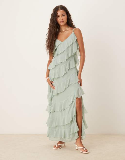 VILA – Camisole-Midikleid in Salbeigrün mit hohem Schlitz und Rüschen