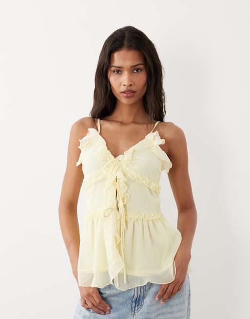 VILA – Camisole-Oberteil in Pastellgelb mit Rüschensaum und Bindedetail vorn, 3 von 4