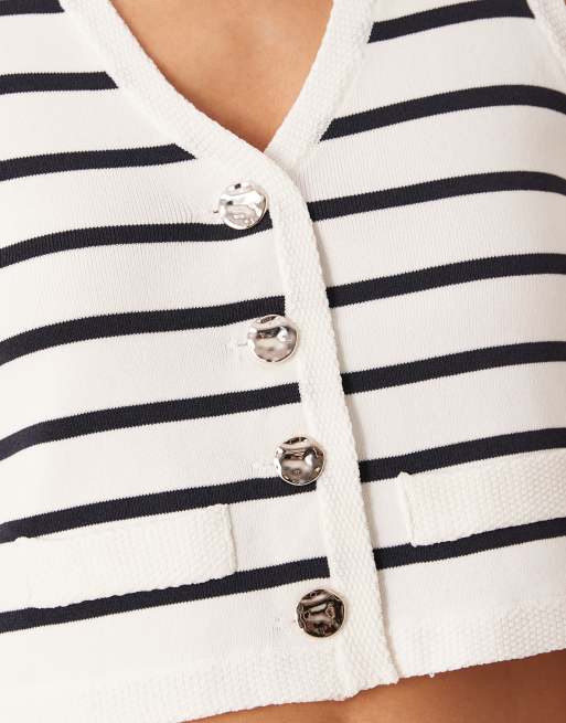 VILA - Canotta blu navy e bianca in maglia con bottoni dorati, 4 di 4
