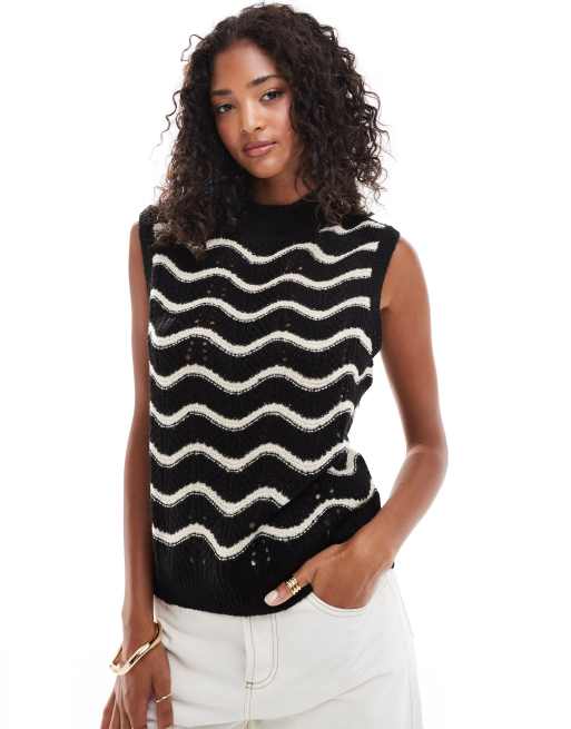 Vila - Canotta in maglia con dettagli traforati nera e beige a righe ondulate