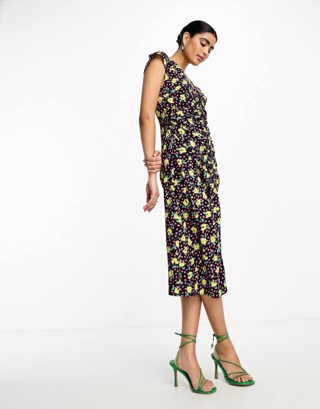 Vila - cap sleeve ruched front midi dress in yellow and pink floral