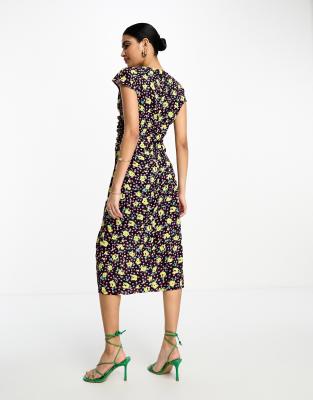 Vila Cap Sleeve Ruched Front Midi Dress In Black