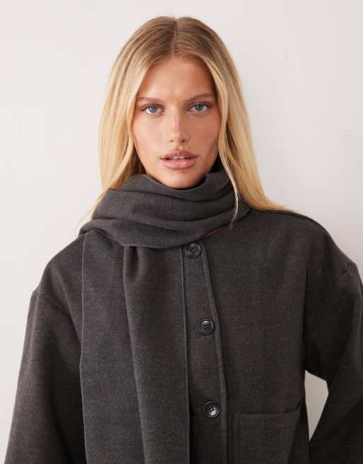 Vila cappotto corto effetto lana con sciarpa rimovibile grigio scuro mélange, 2 di 4