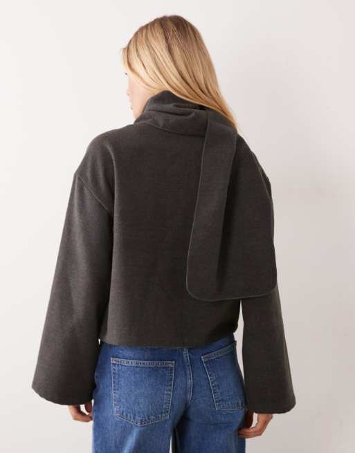 Vila cappotto corto effetto lana con sciarpa rimovibile grigio scuro mélange, 4 di 4