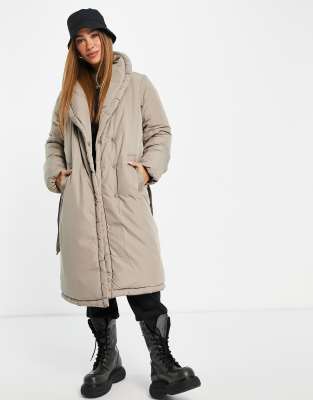 Vila padded wrap coat with belt in stone - ASOS Price Checker