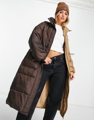 Vila spliced longline padded coat in brown and beige - ASOS Price Checker