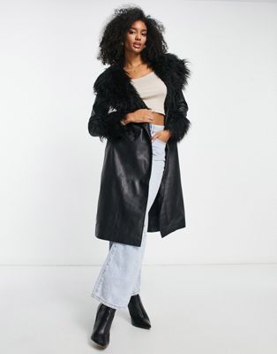 Vila faux fur trim leather look coat with belt in black - ASOS Price Checker