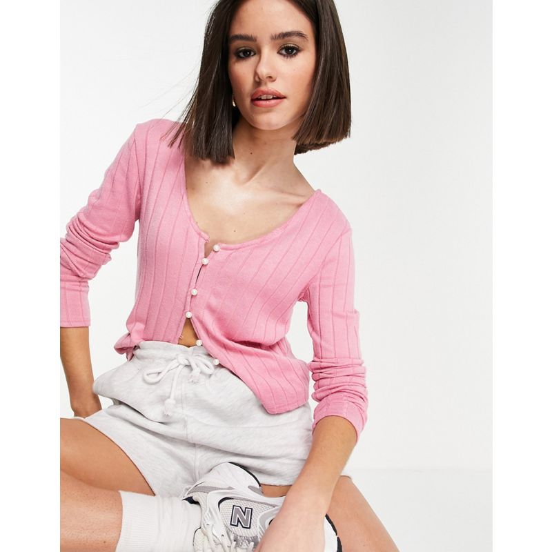 Vila - Cardigan in maglia a coste rosa a maniche lunghe con perle