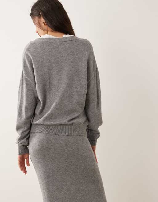 VILA - Cardigan in maglia color grigio medio mélange in coordinato, 4 di 4
