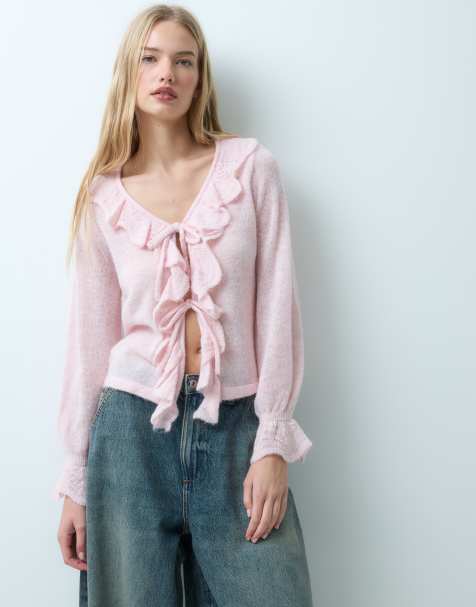Vila cardigan in maglia con volant e chiusura da annodare davanti, rosa ballet slipper - view 1