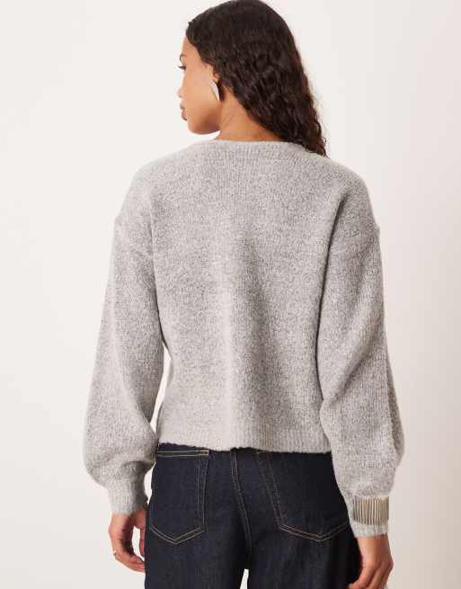 VILA - Cardigan in maglia grigio medio mélange con allacciatura sul davanti, 4 di 4