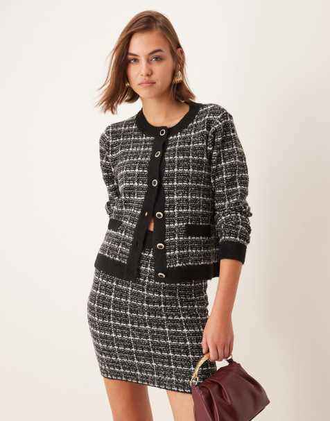 Vila - Cardigan stile polo nero in maglia bouclé a quadri - view 1