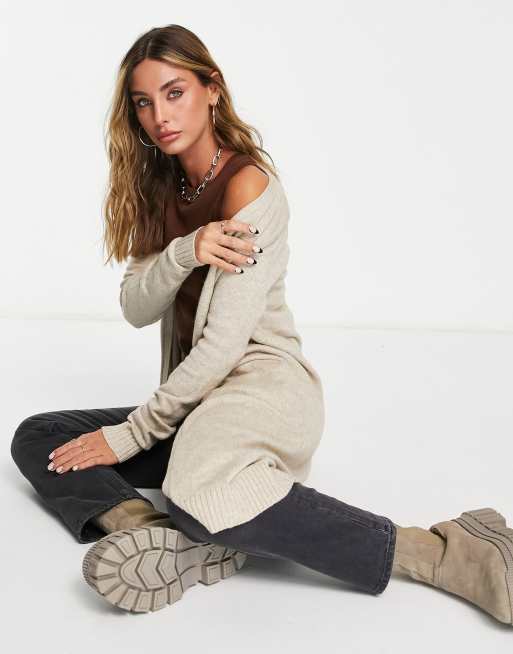Vila - Cardigan taglio lungo in tessuto fil-a-fil beige, 4 di 4