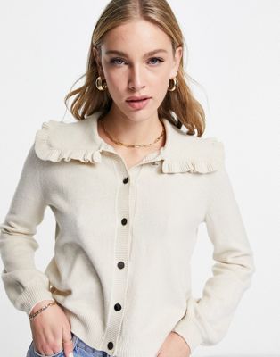Vila cardigan with oversized collar and frill detail in beige