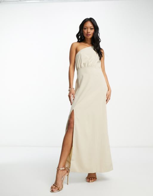 Vila - Champagnefarvet maxikjole med oneshoulder-snit og slids
