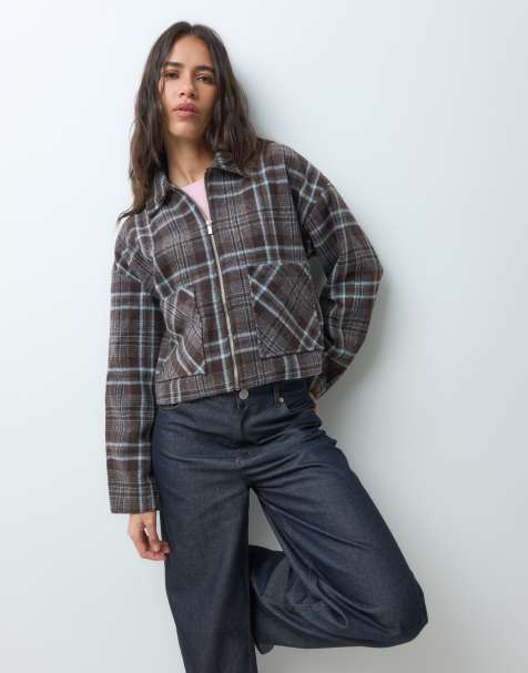 Vila chaqueta harrington corta texturizada a cuadros marrones y azules - view 1