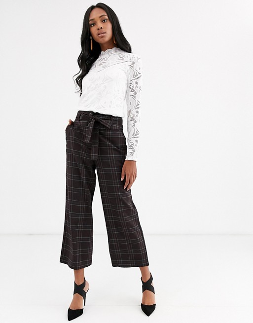 Vila check belted wide leg trousers