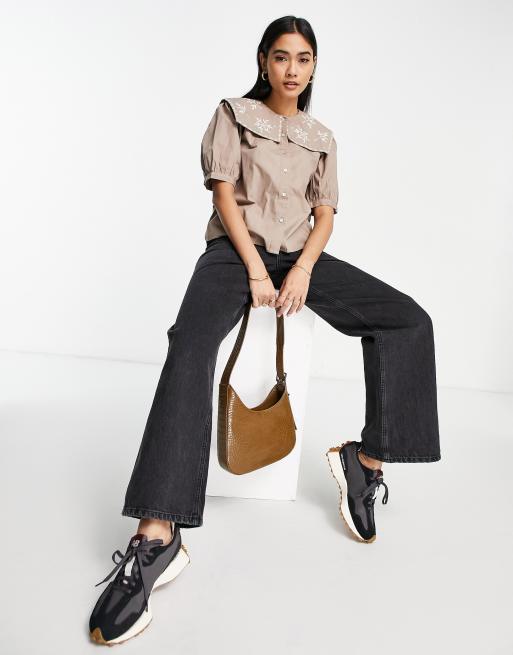 Vila - Chemise à col tabard brodé oversize - Beige, 3 de 4