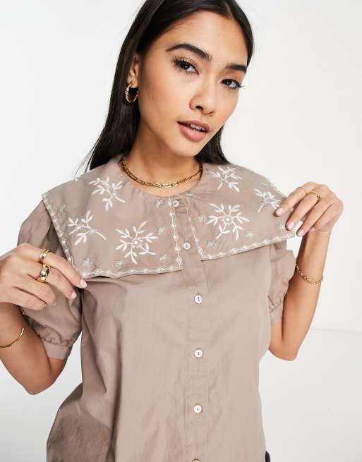 Vila - Chemise à col tabard brodé oversize - Beige, 4 de 4