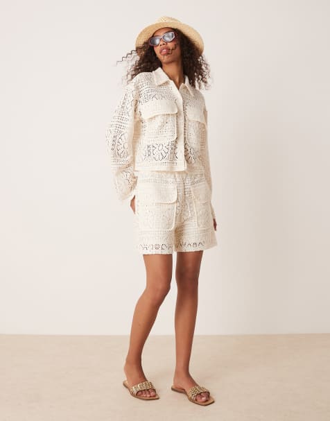 Vila - Chemise d'ensemble raccourcie en maille au crochet style fonctionnel - Crème bouleau - view 1