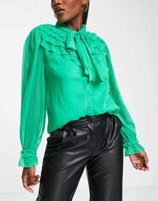 Chemises et blouses Vila - Chemise volantée à nœud lavallière - Vert pop vif