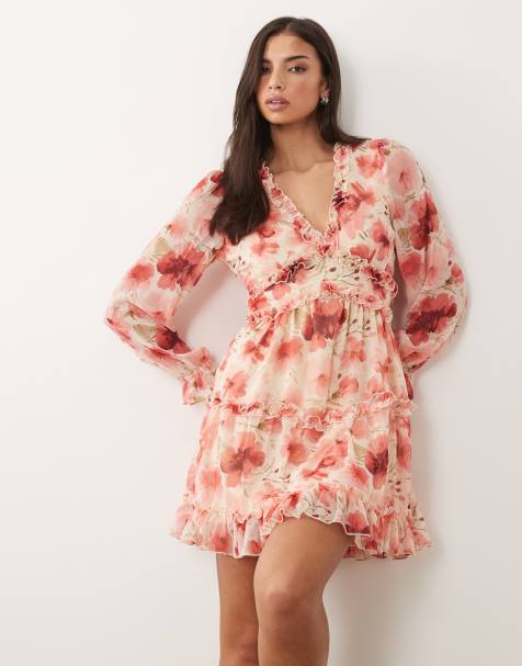knee length dresses for ladies M-4XL) Plus Size Bright Floral Chiffon Long Sleeve Midi Maxi Dress –  Pluspreorder main image 1