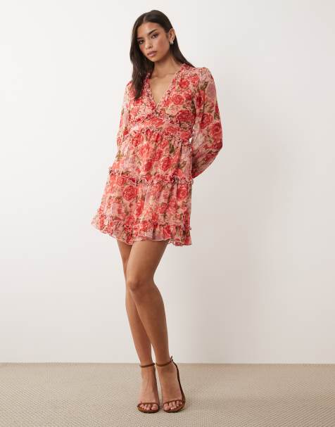 Vila chiffon frill detail mini dress in red rose print - view 1