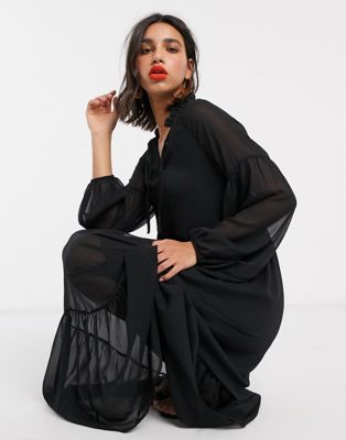 Vila chiffon maxi dress with ruffle neck in black | ASOS