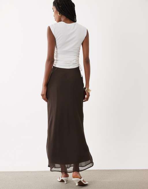 Vila chiffon maxi skirt in chocolate brown  , 5 of 5