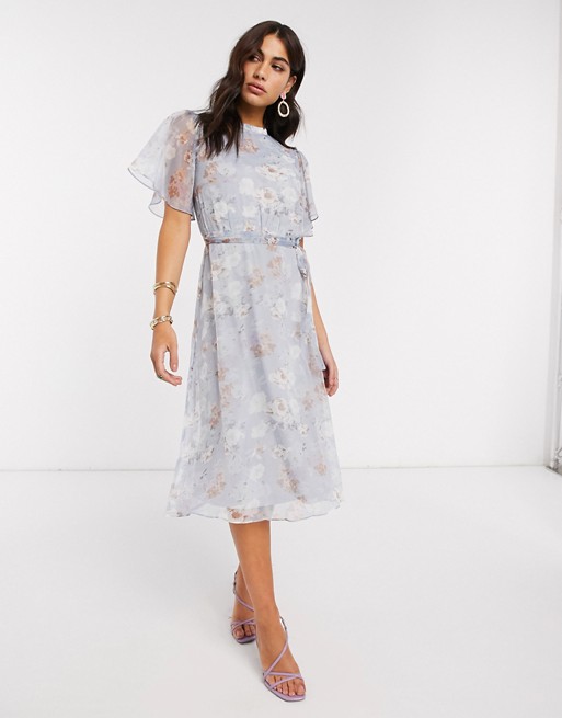 Vila chiffon midi dress with open back and flutter sleeves in soft blue floral