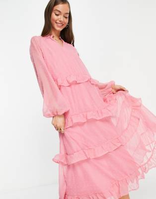 Vila chiffon midi dress with tiered skirt detail in pink | ASOS