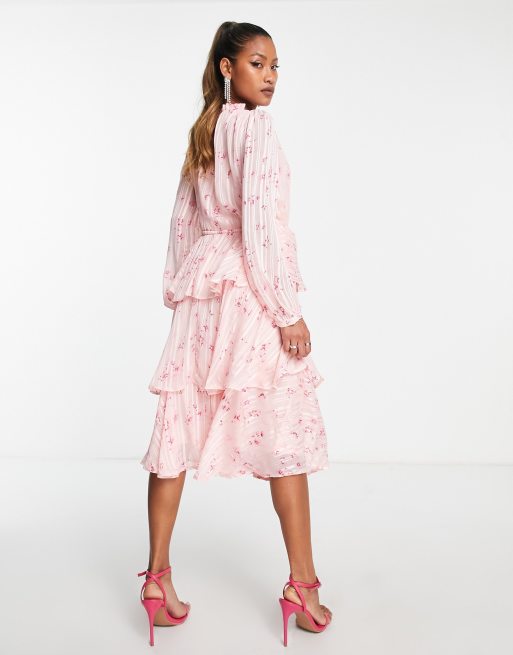 Vila - Chiffon midi-jurk met lange mouwen en roze bloemen, 4 van 4