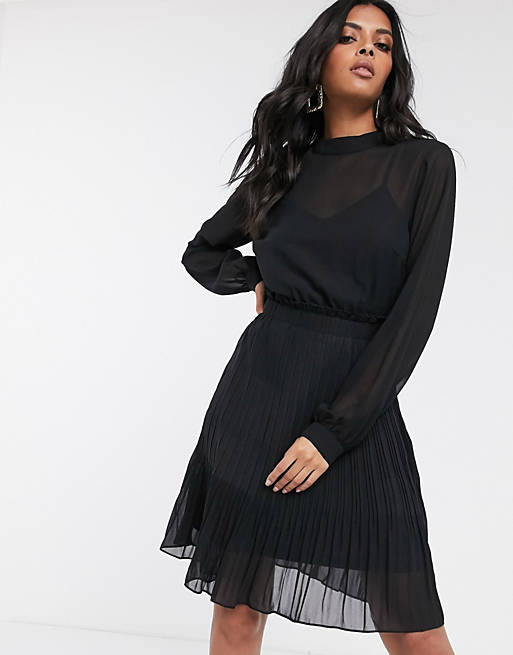 Vila chiffon mini dress with pleated skirt in black | ASOS