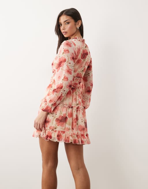 VILA – Chiffon-Minikleid mit Rüschendetail und leuchtendem Blumenmuster, 4 von 4