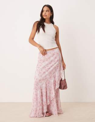 chiffon ruffle detail boho skirt in floral print-pink