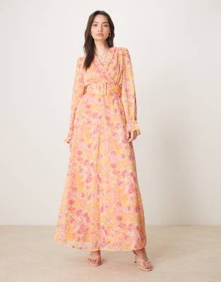 chiffon wrap maxi dress in orange floral print-Multi