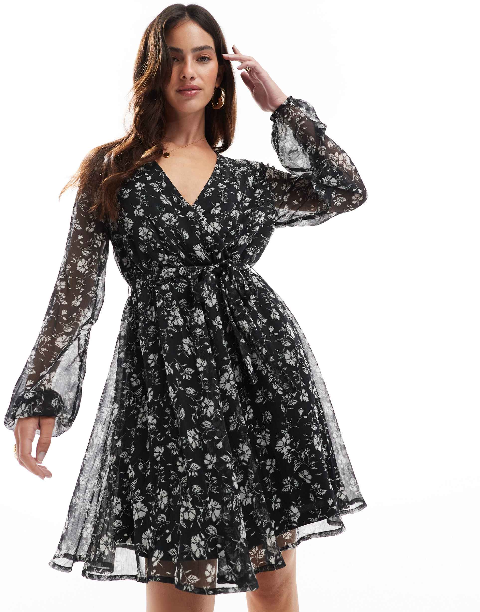 vila chiffon wrap mini dress in black floral print