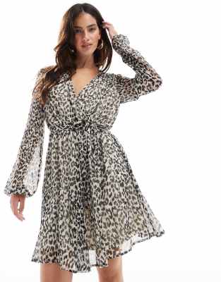 chiffon wrap mini dress in mono leopard print-Multi