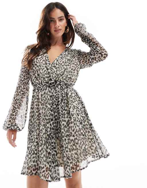 Vila chiffon wrap mini dress in mono leopard print