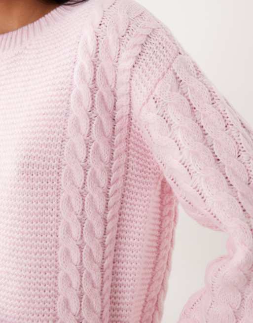Vila chunky cable knitted jumper in light pink, 3 of 4