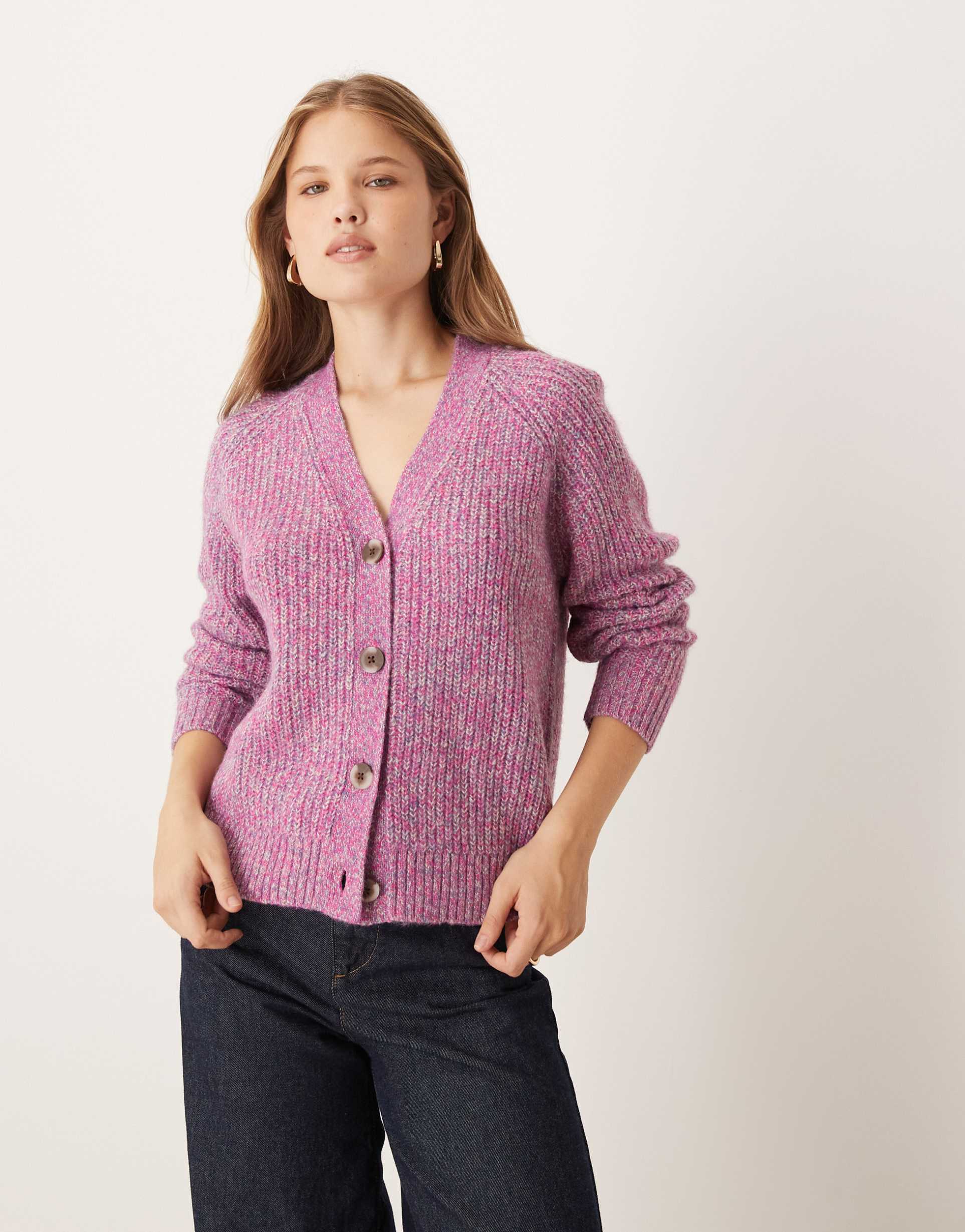 vila chunky ribbed knit cardigan in pink melange
