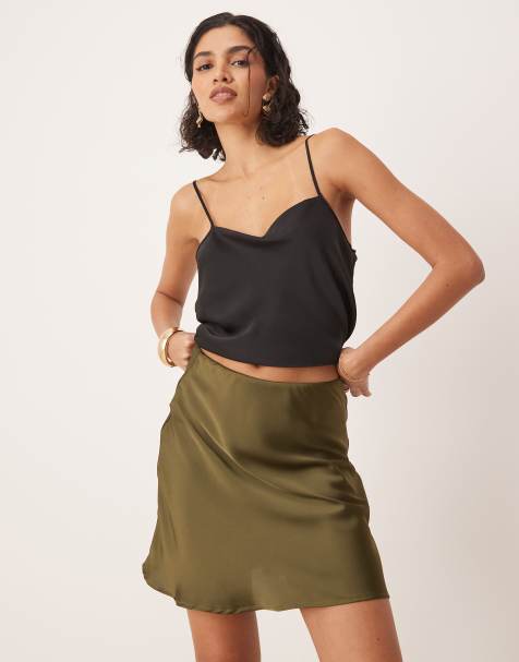 Vila satin mini skirt in dark olive