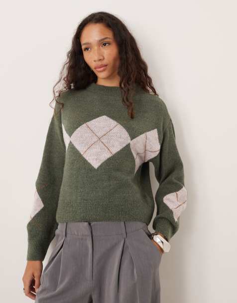 Vila pastel check knitted jumper in dark green 