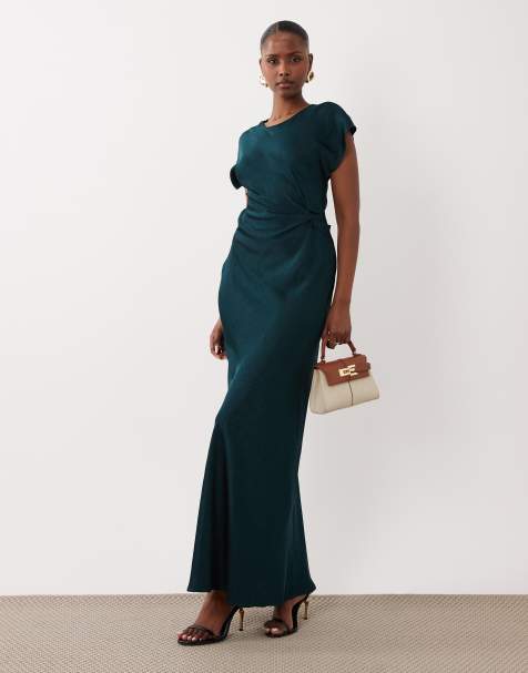 Vila cinched waist detail satin maxi dress in deep teal - view 1