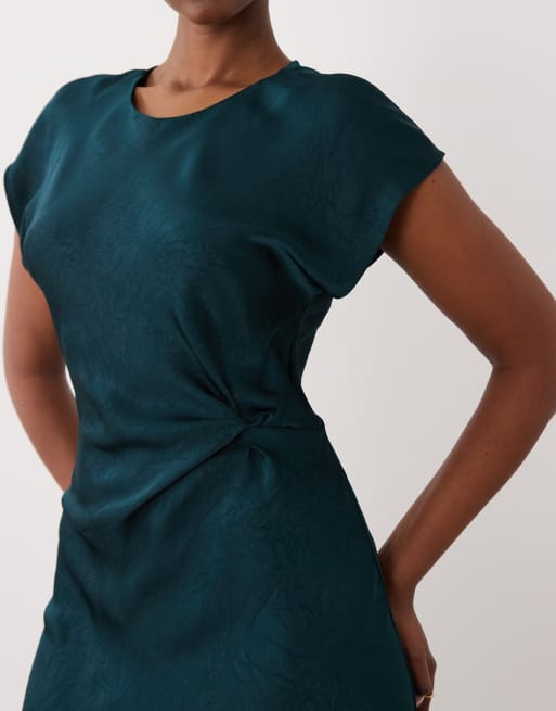 VILA cinched waist detail satin maxi dress in deep teal, 3 of 4