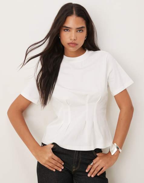 VILA cinched waist structured t-shirt in white - view 1