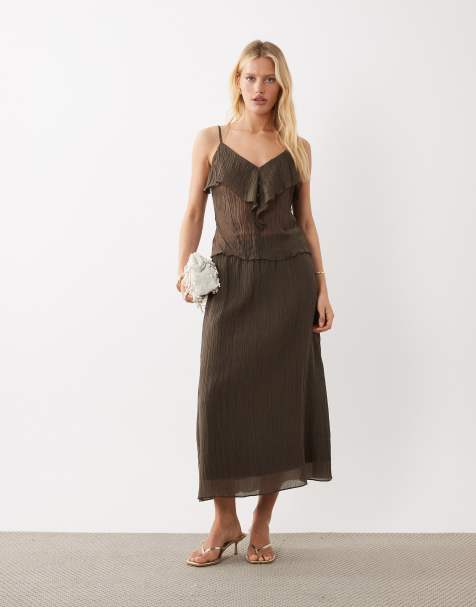 VILA - Co-ord set van doorschijnende top met ruches en midi rok van gekreukt chiffon in bruin - view 1